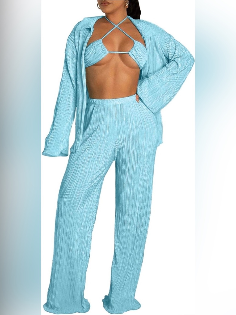 ITZY Pleated Long Sleeve Button Up Wide Leg Bikini Top 3 Piece Set
